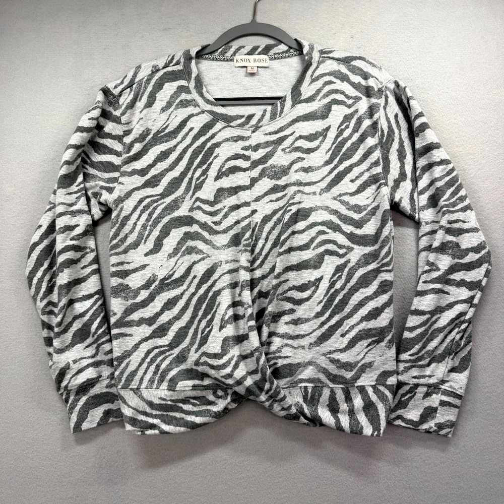 Knox Rose Sweatshirt Womens Medium Gray Black Zebra Stripes Stretch Twist-Front